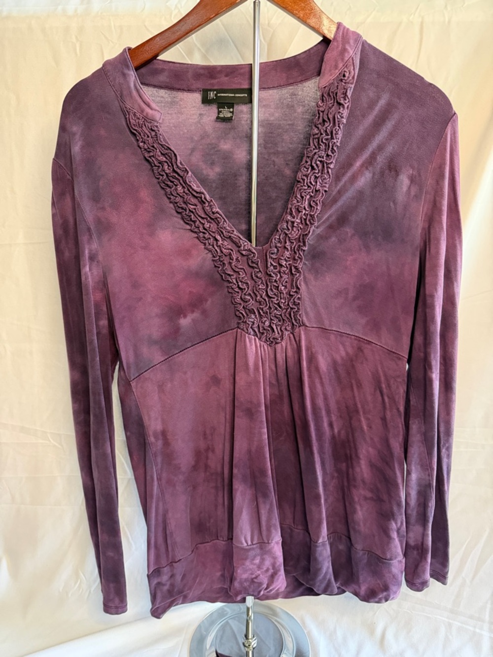 INC International Concepts Plum V-Neck Long-Sleeve Ruffle Top
